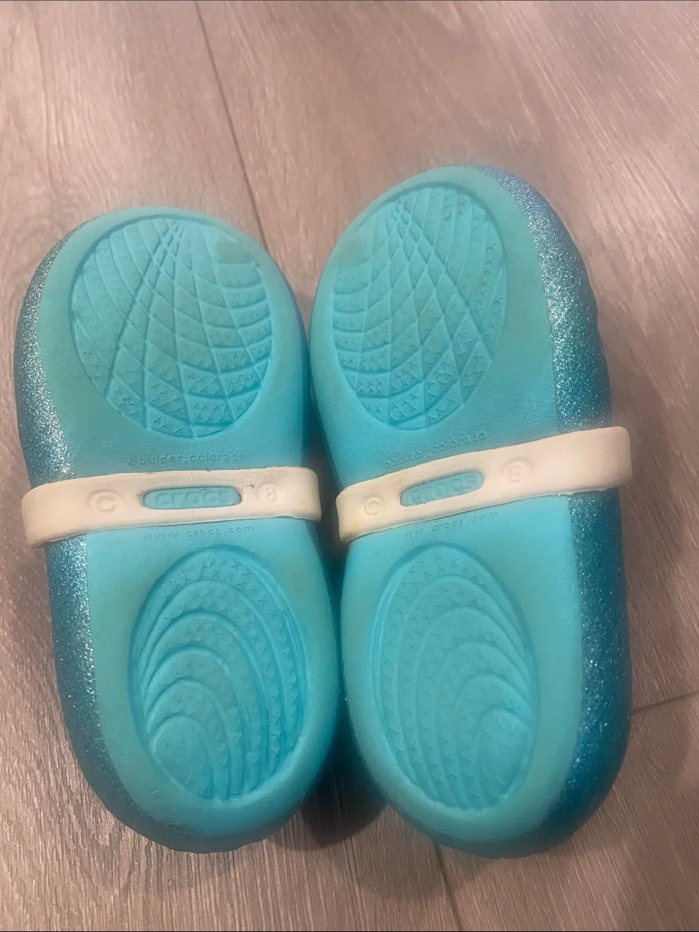 CROCS Kids Glitter Teal Blue Mary Jane Shoes with Frozen Heart Charms